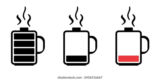 Recargo de café caliente, indicador de carga. Taza con Recargo de batería. Café a la hora del reloj o té. Logotipo de bebidas. Trabajo, concepto de equilibrio de vida para una energía completa. Necesito café. Batería baja