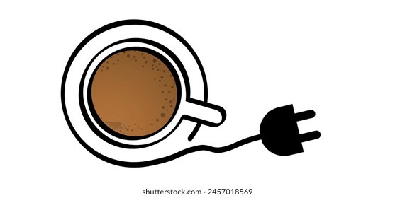 Hot coffee charge, loading indicator and plug. Mug with battery charge. Coffee a clock or tea time. Beverage logo. Work, Life balance concept for full energy. I need coffee. Low battery