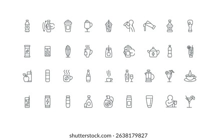 Hot coffee and chocolate, wine and whiskey bottle, milk package thin black symbols vector illustration. Drink menu, alcohol cocktail, glass of fresh juice, soda water, milkshake line icon set.