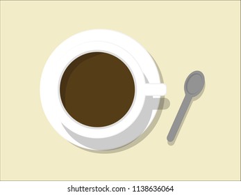Hot coffee (chocolate.beverage and drinks) and teaspoon top view retro vector.