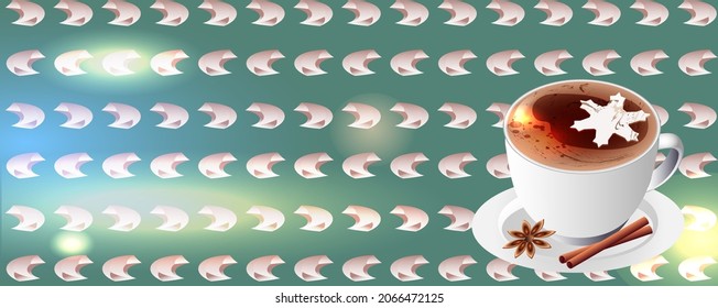 Hot coffee with cinnamon and spices, horizontal banner. White cup rassy cups on a cozy background with highlights