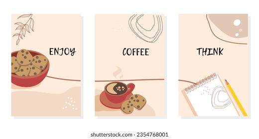 Una taza de café caliente. Galletas con patatas fritas de chocolate. Nota con lápiz amarillo. El concepto de bebida caliente. Escrito Disfruta De Coffee Think. Ilustración vectorial.