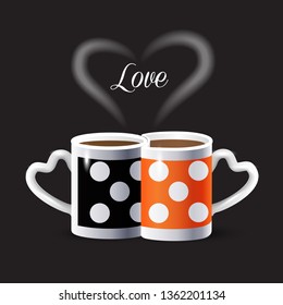 Hot Coffee couple mugs heart shape. Black Friday Sale banner orange & black color trendy design love romance concept Cappuccino Menu Poster Espresso gift card Tea cup Breakfast Cafe Logo Sign Template