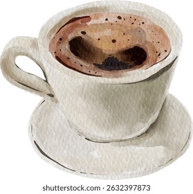 Hot coffee in a cream-colored glass, watercolor painting, showing the texture of the paper.