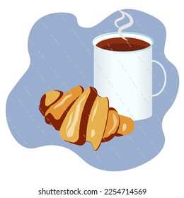 Hot coffee with a croissant on the background of rainy weather.