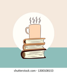 Hot coffee in cub on books, for banner, poster, food and drinks, business concept. Vecter Illustration