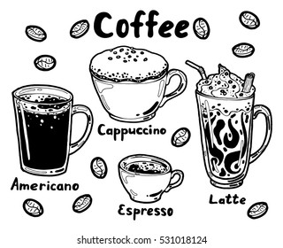 Hot coffee in the cup. Americano, espresso, cappuccino, latte with thick foam and cinnamon stick. Hand drawn isolated illustration set with the inscription on a white background