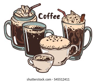 Hot coffee in the cup. Americano, espresso, cappuccino, latte with thick foam and cinnamon stick. Hand drawn isolated illustration set with the inscription on a dark background