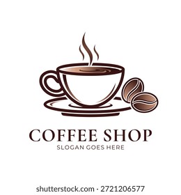 Taza de café caliente y diseño del logotipo del grano de café