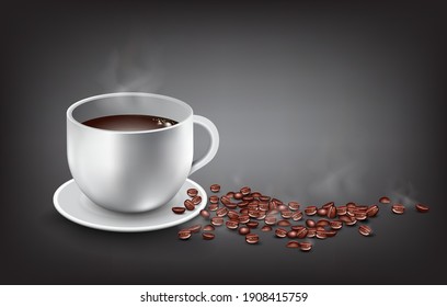Café caliente en una taza y granos de café cubiertos con humo térmico para el diseño de concepto de bebida caliente,diseño vectorial