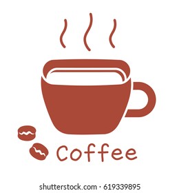 Hot coffee cup and beans icon.