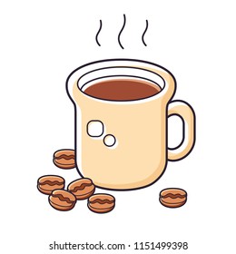 Hot coffee cup and beans isolated
