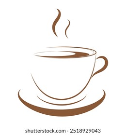 Taza de café caliente. Café marrón. Dibujo de café. Diseño de logo de la tienda.