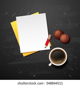 Hot Coffee cup with candy vector background paper with red pencil