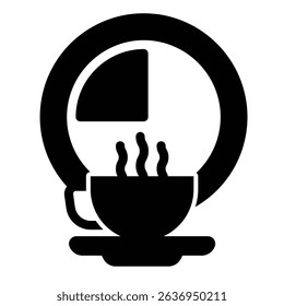 Hot coffee cup and clock solid icon, remote work concept. Vector graphics. Coffee break timer sign on white background, style mobile or design