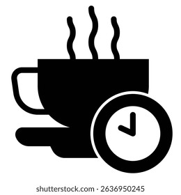 Hot coffee cup and clock solid icon, remote work concept. Vector graphics. Coffee break, time to relax sign on white background, style mobile or design