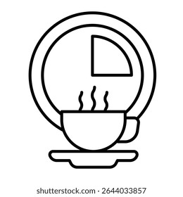Hot coffee cup and clock thin line icon, remote work concept. Vector graphics. Coffee break timer sign on white background, style mobile or design