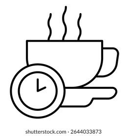 Hot coffee cup and clock thin line icon, remote work concept. Vector graphics. Coffee break, time to relax sign on white background, style mobile or design
