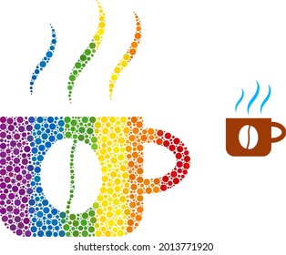 Hot coffee cup composition icon of circle elements in variable sizes and rainbow colored color tinges. A dotted LGBT-colored hot coffee cup for lesbians, gays, bisexuals, and transgenders.