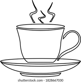 Hot coffee cup contour isolated on white background. Vector black and white illustration. Great for labels, menus, posters, banners, vouchers, coupons, business promotion and more.