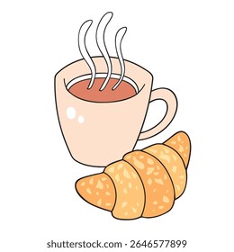 Hot coffee cup and a croissant illustration isolated vector