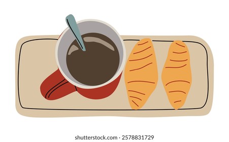 Hot coffee cup with desserts set. Coffee beverage, americano in mug with bakery croissants on wooden tray top view. Flat graphic vector illustration isolated on white background