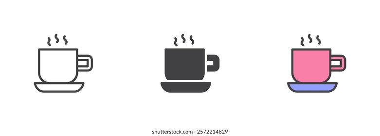 Hot coffee cup different style icon set. Line, glyph and filled outline colorful version, outline and filled vector sign. Cafe symbol, logo illustration. Vector graphics