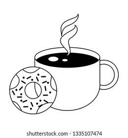 hot coffee cup and donut food in black and white