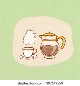  Hot coffee cup and glass pot sketchy clipart. Vector design element. Sketch for flyer, banner, ad, package, poster. Hand drawn icons with halftone.