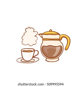 Hot coffee cup and glass pot sketchy clipart. Vector design element. Sketch for flyer, banner, ad, package, poster. Hand drawn icons, isolated on white