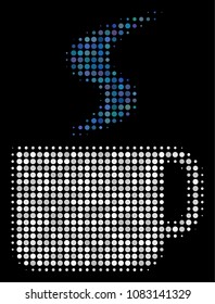 Hot coffee cup halftone vector icon. Illustration style is dotted iconic hot coffee cup symbol on a black background. Halftone texture is build of spheric pixels.