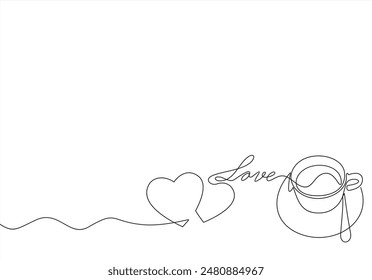 Hot coffee cup with heart shape aroma steam in continuous line art drawing style. Black linear design isolated on white background. Vector illustration
