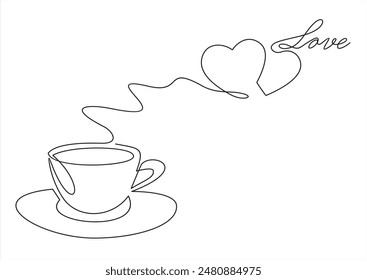 Hot coffee cup with heart shape aroma steam in continuous line art drawing style. Black linear design isolated on white background. Vector illustration