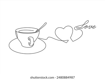 Hot coffee cup with heart shape aroma steam in continuous line art drawing style. Black linear design isolated on white background. Vector illustration