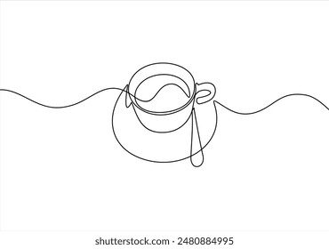 Hot coffee cup with heart shape aroma steam in continuous line art drawing style. Black linear design isolated on white background. Vector illustration