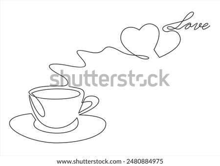 Hot coffee cup with heart shape aroma steam in continuous line art drawing style. Black linear design isolated on white background. Vector illustration
