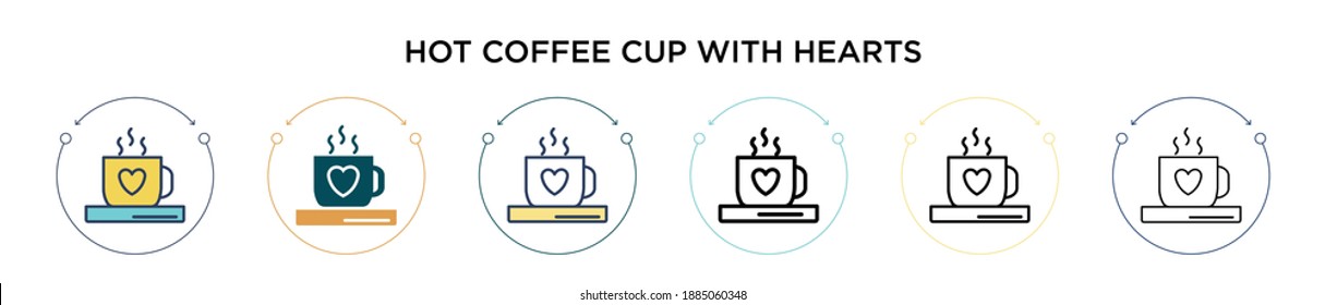 Hot coffee cup with hearts icon in filled, thin line, outline and stroke style. Vector illustration of two colored and black hot coffee cup with hearts vector icons designs can be used for mobile,