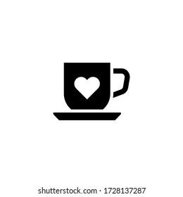 taza de café caliente con el icono del vector del corazón en el diseño plano sólido negro aislado en el fondo blanco