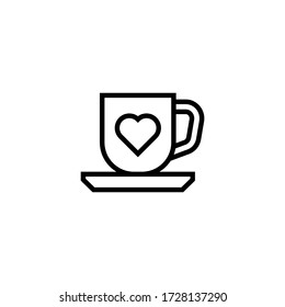 Hot coffee cup with hearts vector icon in linear, outline icon isolated on white background