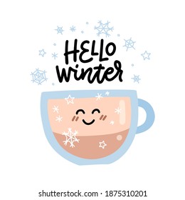 Café caliente con hola Decoración con letras de invierno. Mugre de vidrio con pegatina de la ventana de la cara para el café. Icono de higge acogedor aislado. elemento de diseño de barra de bebidas de invierno con fondo blanco