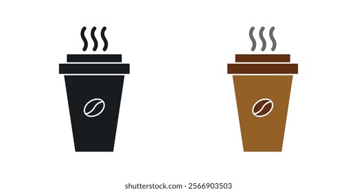 Hot coffee cup icon set in black and colored