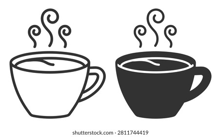 hot coffee cup icon set in filled and outline styles isolated on transparent background
