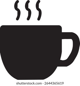 Hot Coffee Cup Icon with Steam in Flat Black Silhouette