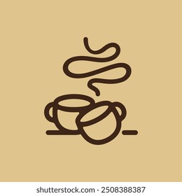 hot coffee cup icon. Two transparent glass of hot coffee cups clinking and flying in a toast  line icon. Drinking hot tea cheers logo design.
