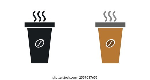 Hot coffee cup icons in black and colored version