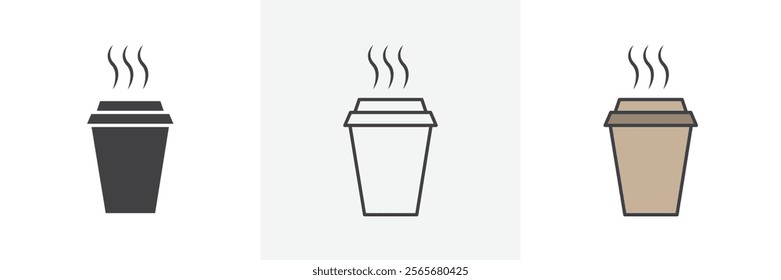 Hot coffee cup icons in black and colored versions