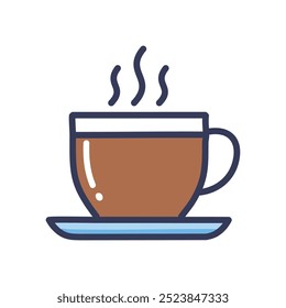 Taza de café caliente. Ilustración de una taza humeante de café en un platillo. Perfecto para menús de cafetería y branding.