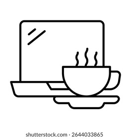 Hot coffee cup and laptop thin line icon, remote work concept. Vector graphics. Time to relax, coffee break sign on white background, style mobile or design