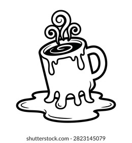 A hot coffee cup with liquid spilling over the sides onto the surface. Steam swirls rise from the dark coffee in the mug. Simple black and white line art sketch style.