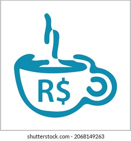 Hot Coffee Cup or logo isolated sign symbol with Brazilian Real Currency Icon. Brazil currency, business, payment and finance element. Can be used for web, mobile, infographic, and print.